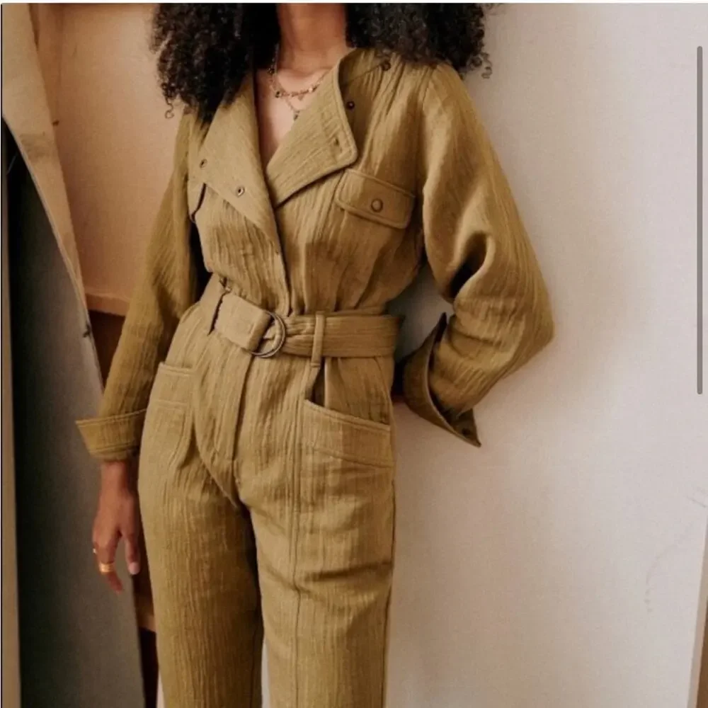 NWT Sezane Quilted Linen Cotton Hailey Jumpsuit in Olive Khaki - Size 34 (US 2)